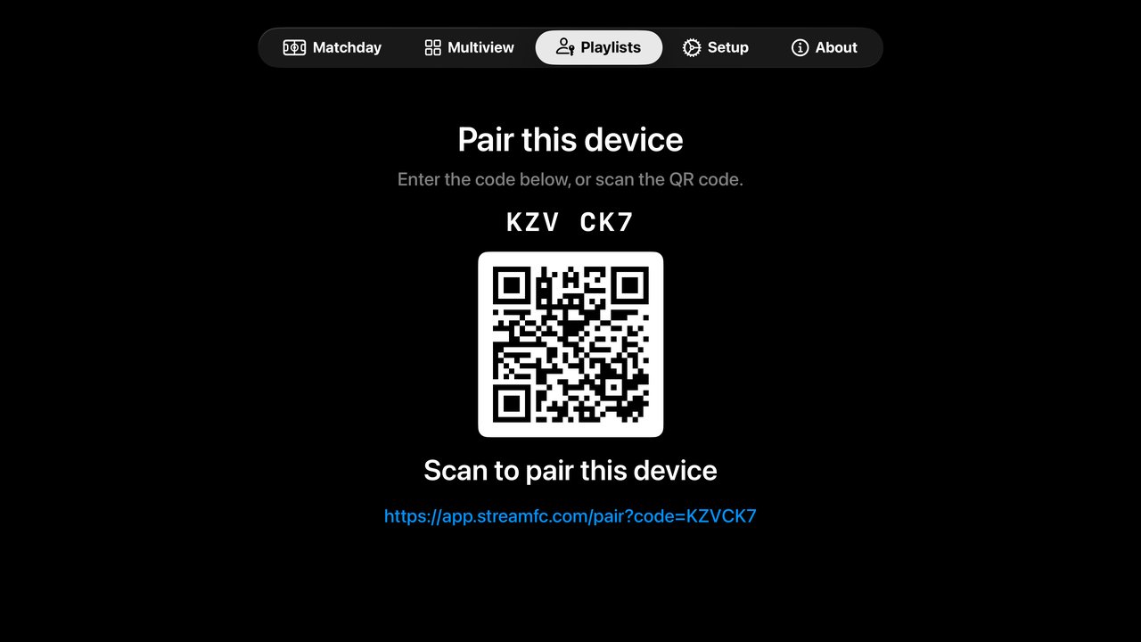 Apple TV Playlists tab showing Pair this device, the code KZV CK7, a QR code and the pairing link
