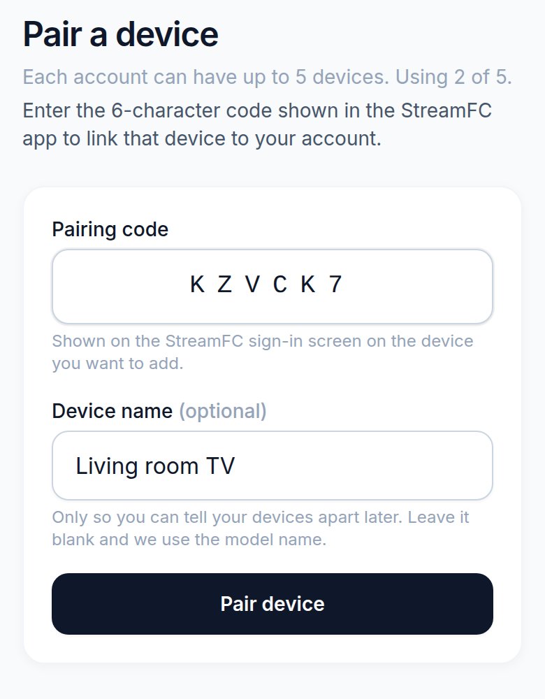 Pair a device page with the pairing code KZVCK7 and the device name Living room TV filled in