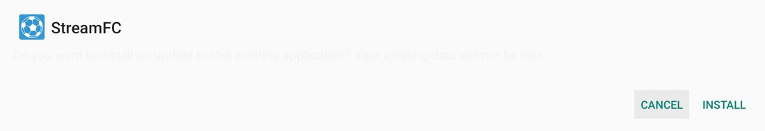 Fire TV's install confirmation for StreamFC, showing CANCEL and INSTALL buttons