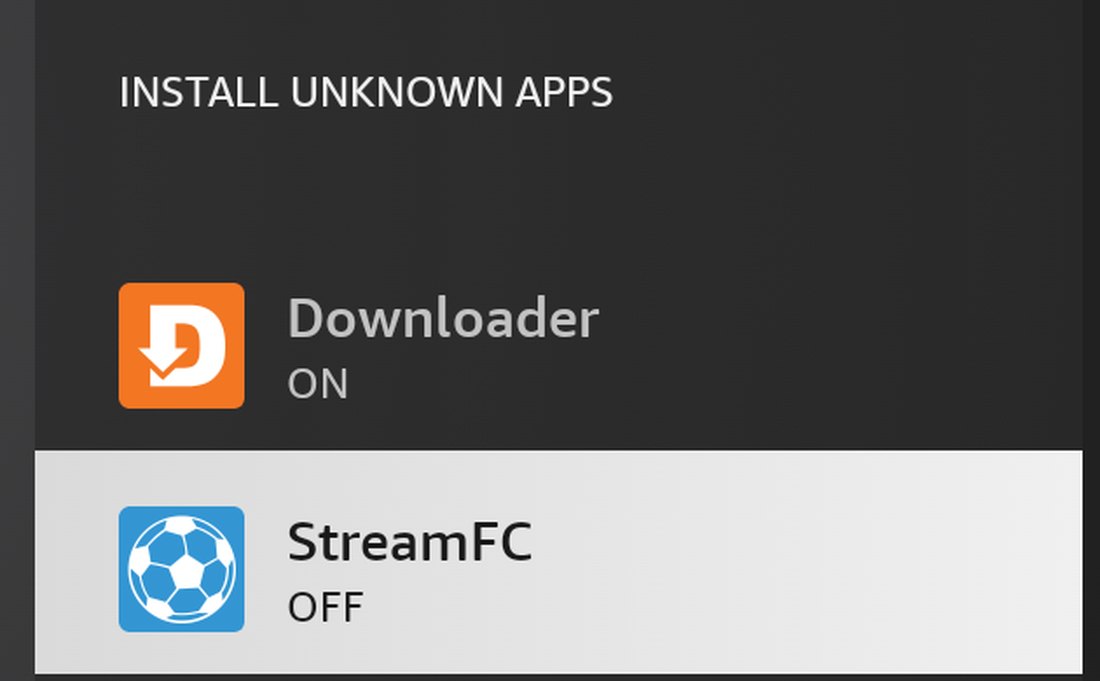 Fire TV's Install unknown apps list, with Downloader switched ON and StreamFC still OFF