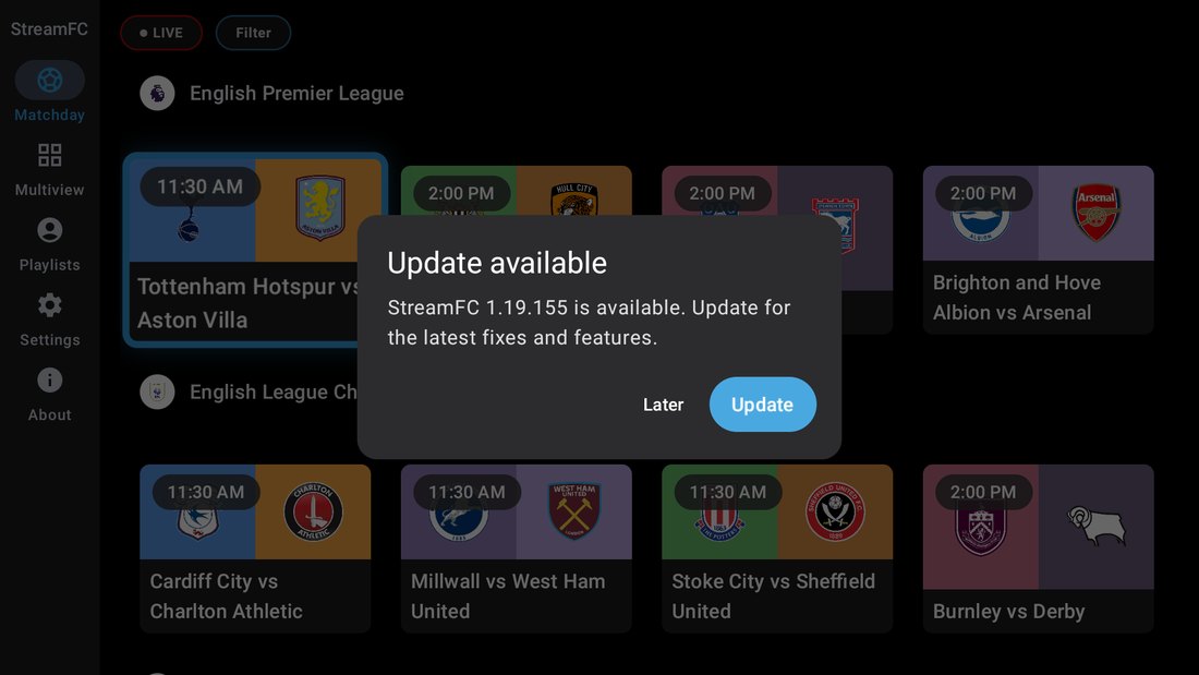 StreamFC's own Update available dialog on the Matchday screen, offering Later and Update